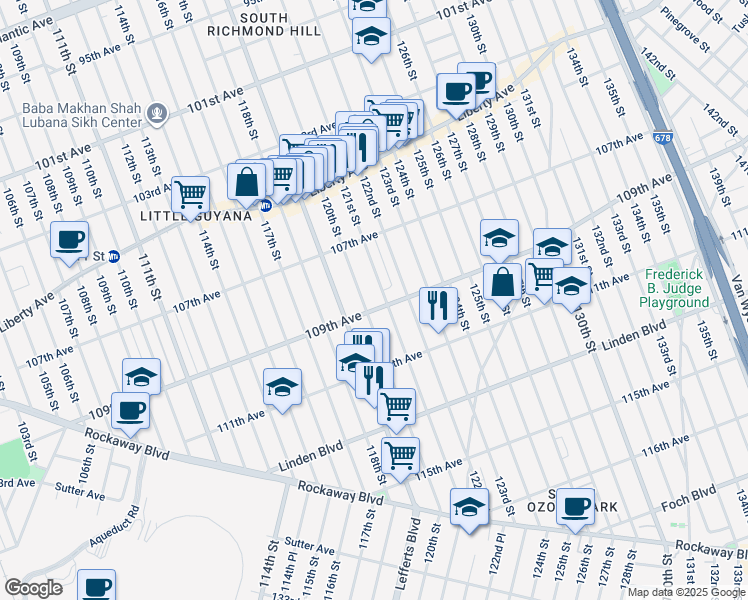 map of restaurants, bars, coffee shops, grocery stores, and more near 120-11 109th Avenue in Queens