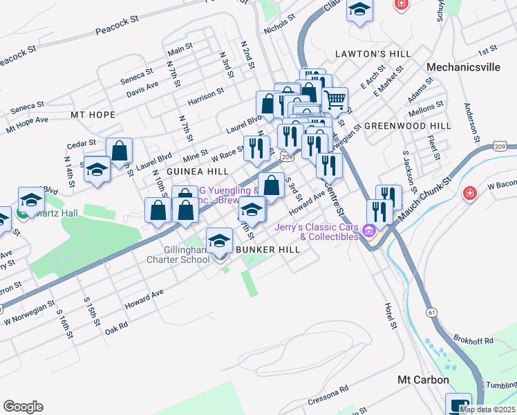 map of restaurants, bars, coffee shops, grocery stores, and more near 512 Mahantongo Street in Pottsville