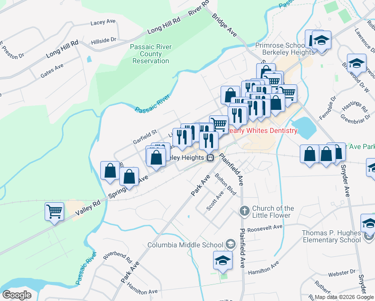 map of restaurants, bars, coffee shops, grocery stores, and more near 569 Springfield Avenue in Berkeley Heights