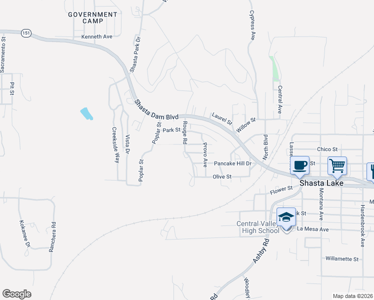 map of restaurants, bars, coffee shops, grocery stores, and more near 1391 Rouge Road in Shasta Lake