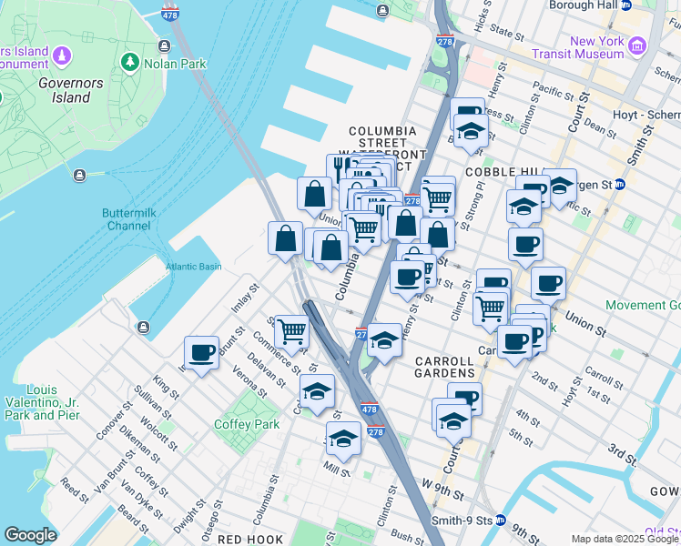 map of restaurants, bars, coffee shops, grocery stores, and more near 50 Carroll Street in Brooklyn