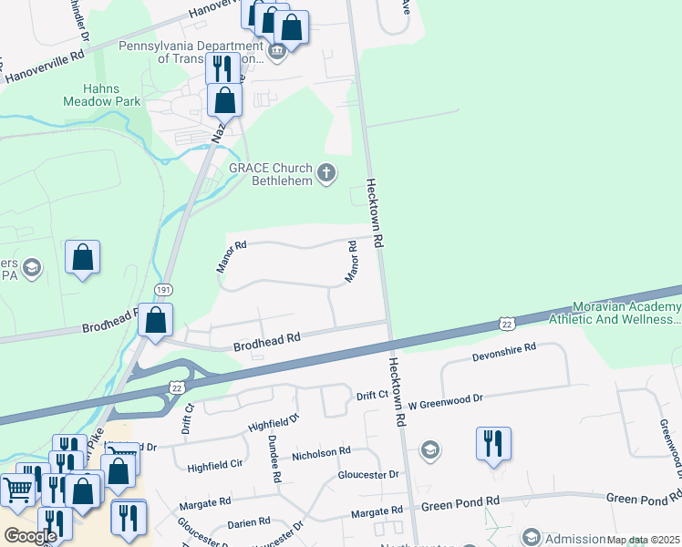 map of restaurants, bars, coffee shops, grocery stores, and more near 3505 Manor Road in Bethlehem
