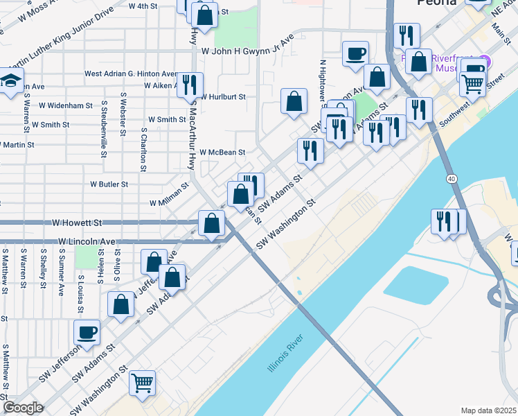 map of restaurants, bars, coffee shops, grocery stores, and more near 1221 Southwest Adams Street in Peoria
