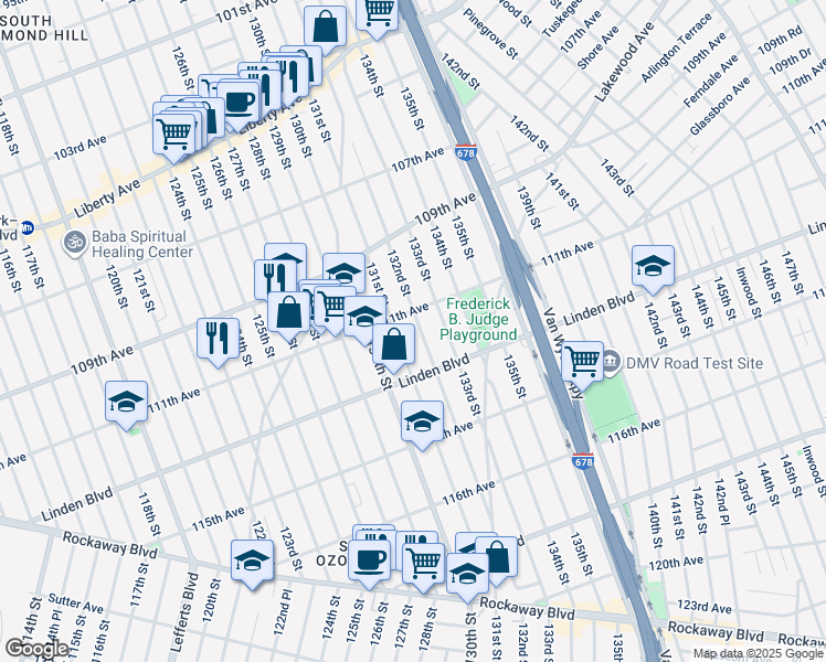 map of restaurants, bars, coffee shops, grocery stores, and more near 111-16 132nd Street in Queens