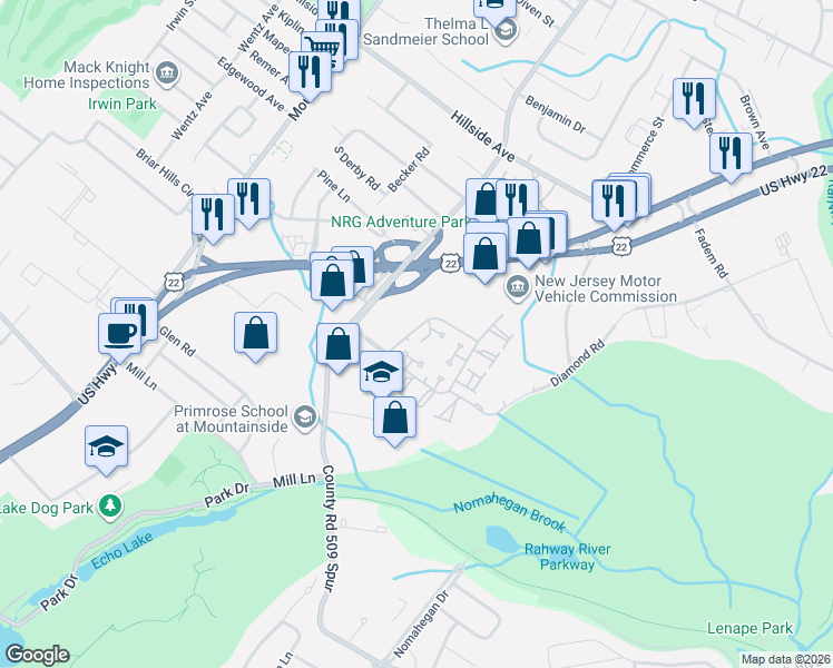 map of restaurants, bars, coffee shops, grocery stores, and more near 3213 Park Place in Springfield