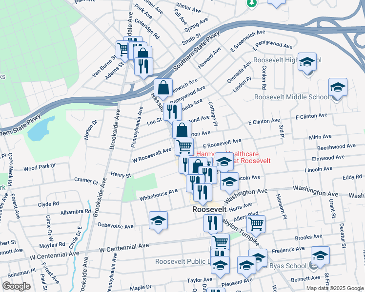 map of restaurants, bars, coffee shops, grocery stores, and more near 420 Nassau Road in Roosevelt
