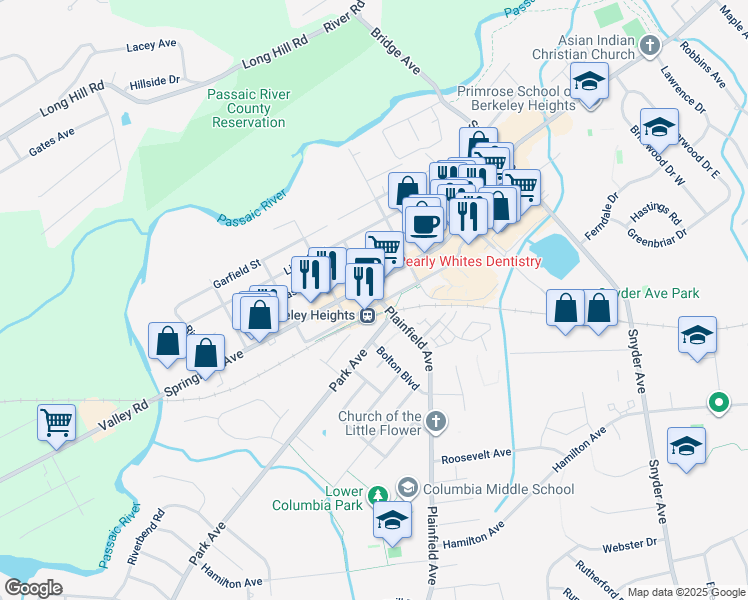 map of restaurants, bars, coffee shops, grocery stores, and more near 143 Plainfield Avenue in Berkeley Heights