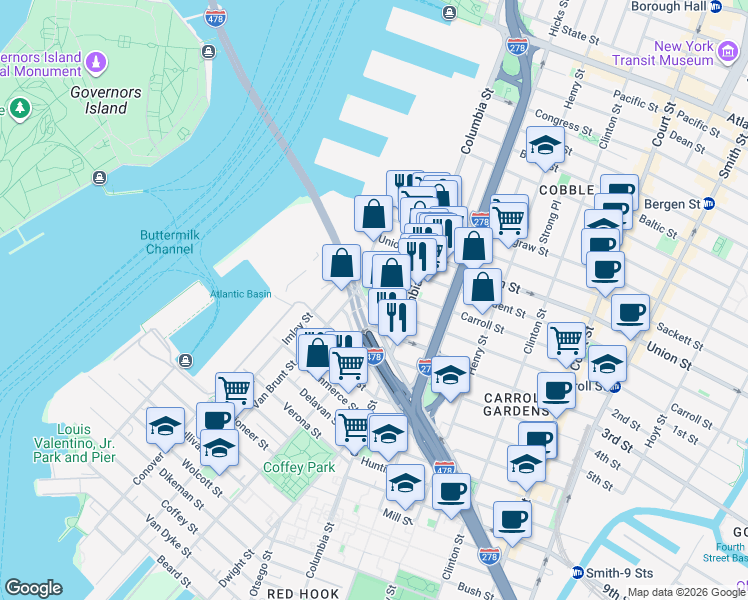map of restaurants, bars, coffee shops, grocery stores, and more near 100 Hamilton Avenue in Brooklyn
