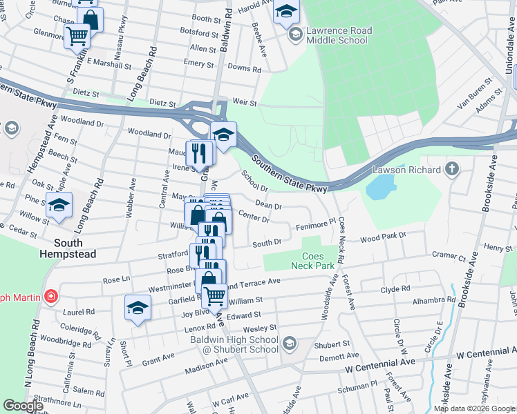 map of restaurants, bars, coffee shops, grocery stores, and more near 800 Dean Drive in Baldwin