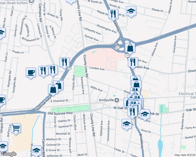 map of restaurants, bars, coffee shops, grocery stores, and more near 161 Sterling Pl in Amityville