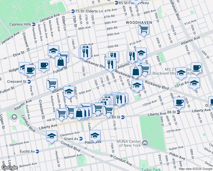 map of restaurants, bars, coffee shops, grocery stores, and more near 77-10 95th Avenue in Queens