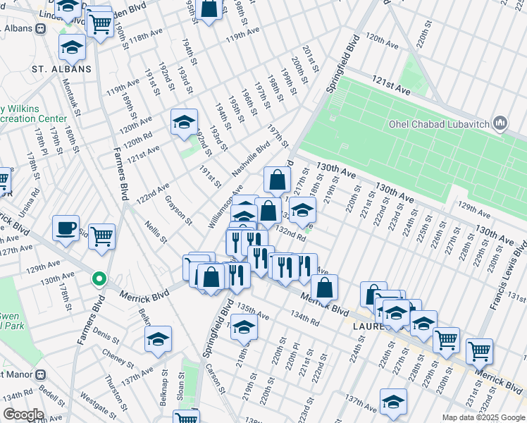 map of restaurants, bars, coffee shops, grocery stores, and more near 132-02 Springfield Boulevard in Queens