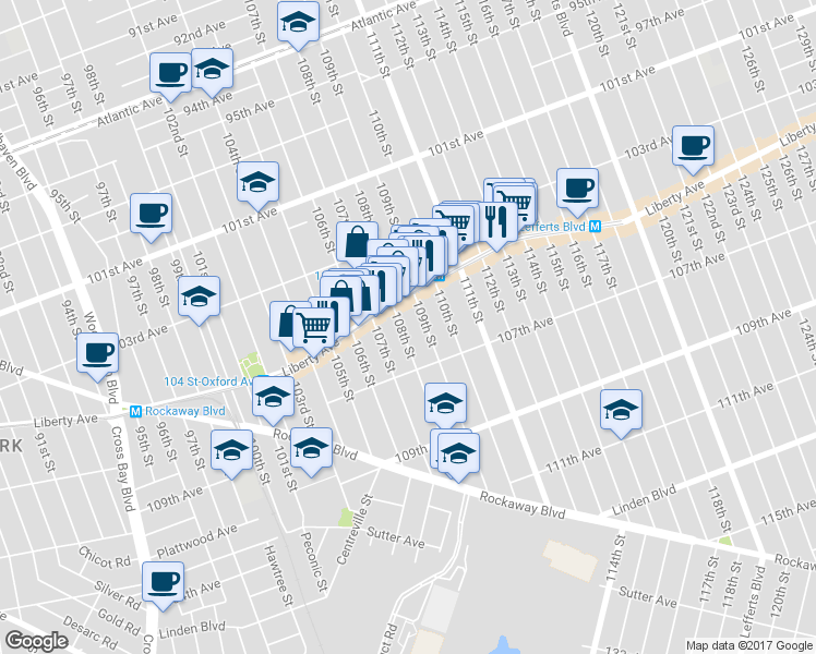 map of restaurants, bars, coffee shops, grocery stores, and more near 104-25 108th Street in Queens