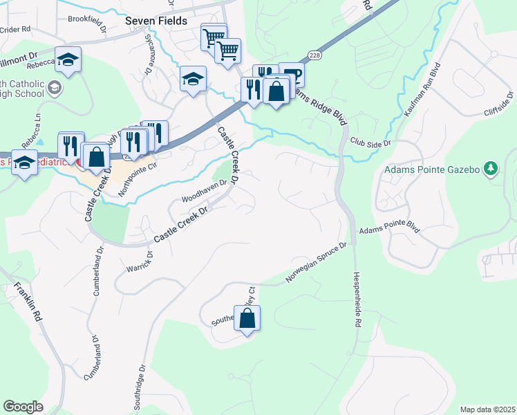 map of restaurants, bars, coffee shops, grocery stores, and more near 217 Hillvue Drive in Seven Fields