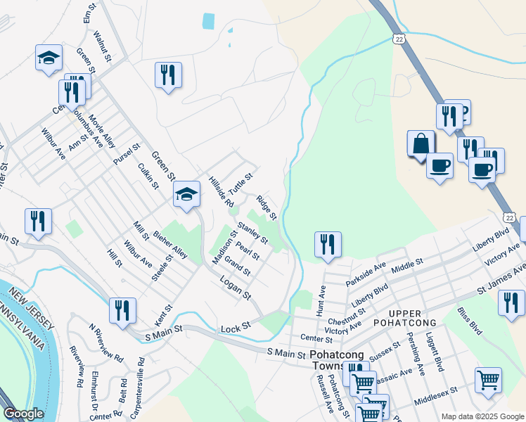 map of restaurants, bars, coffee shops, grocery stores, and more near 1046 Ridge Street in Phillipsburg