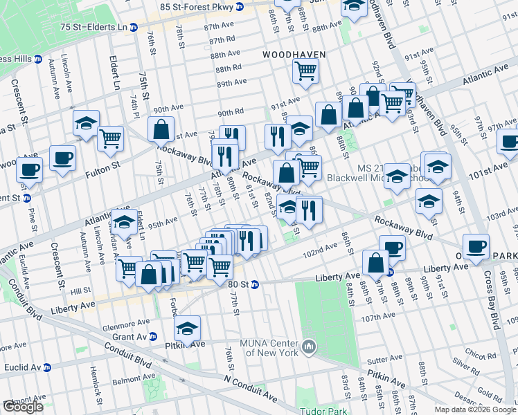 map of restaurants, bars, coffee shops, grocery stores, and more near 95-31 81st Street in Queens