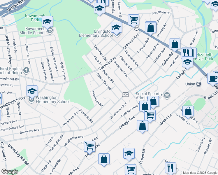 map of restaurants, bars, coffee shops, grocery stores, and more near Wayne Terrace in Union
