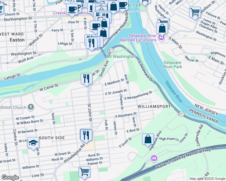 map of restaurants, bars, coffee shops, grocery stores, and more near 148 East Saint Joseph Street in Easton
