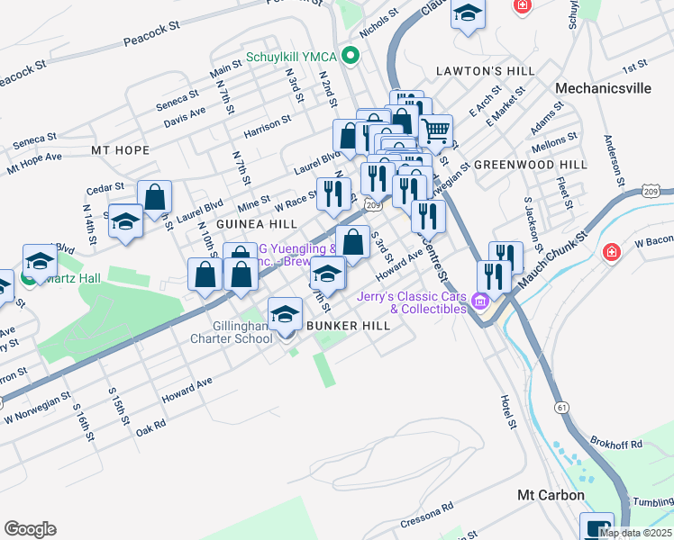 map of restaurants, bars, coffee shops, grocery stores, and more near 512 Mahantongo Street in Pottsville