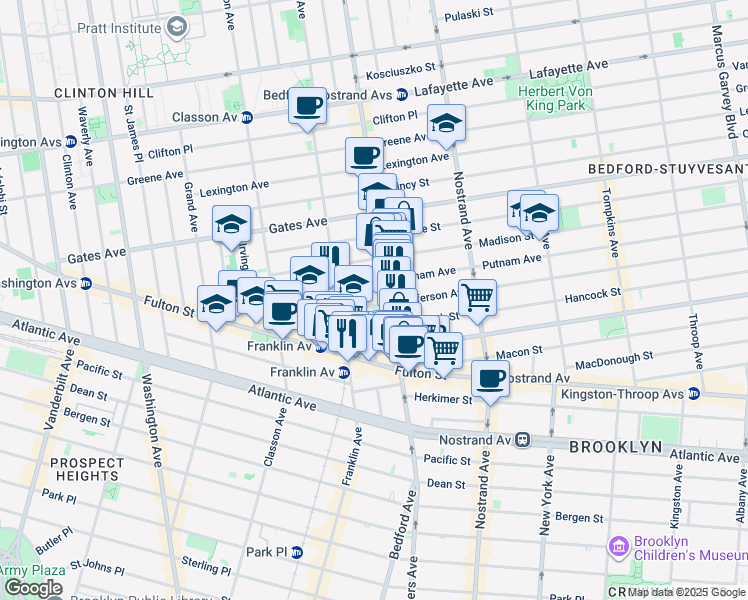 map of restaurants, bars, coffee shops, grocery stores, and more near 71 Jefferson Avenue in Brooklyn