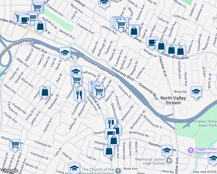 map of restaurants, bars, coffee shops, grocery stores, and more near 24 Marlowe Road in Valley Stream