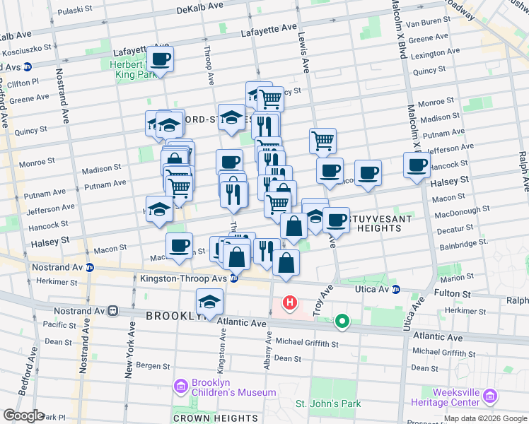 map of restaurants, bars, coffee shops, grocery stores, and more near 333A Halsey Street in Brooklyn