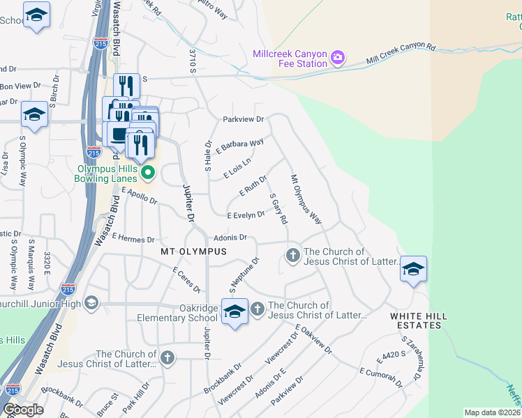 map of restaurants, bars, coffee shops, grocery stores, and more near 3861 East Evelyn Drive in Salt Lake City