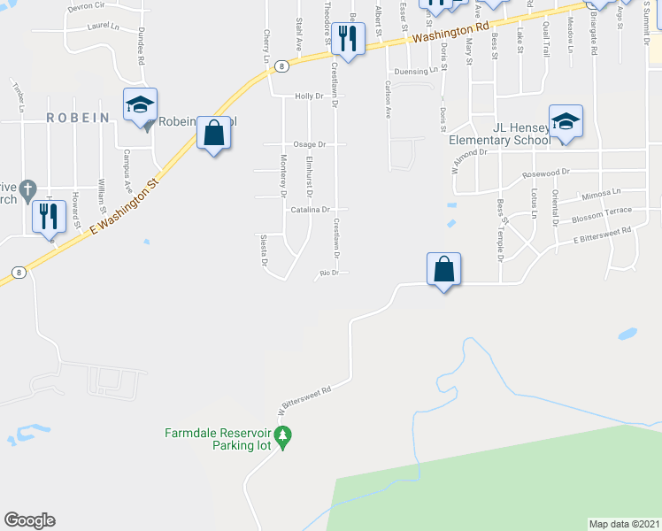 map of restaurants, bars, coffee shops, grocery stores, and more near 417 Crestlawn Drive in Washington