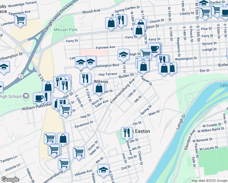 map of restaurants, bars, coffee shops, grocery stores, and more near 2000 Forest Street in Easton