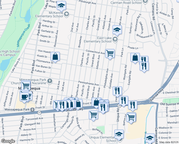 map of restaurants, bars, coffee shops, grocery stores, and more near 94 Grand Boulevard in Massapequa Park