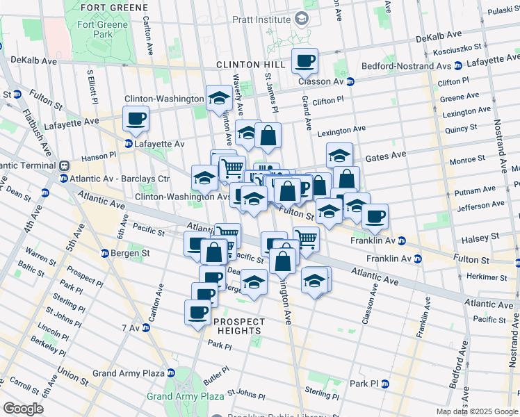map of restaurants, bars, coffee shops, grocery stores, and more near 900 Fulton Street in Brooklyn