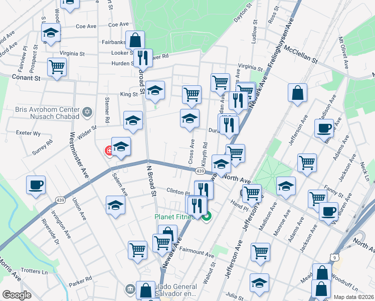 map of restaurants, bars, coffee shops, grocery stores, and more near 828 Cross Avenue in Elizabeth
