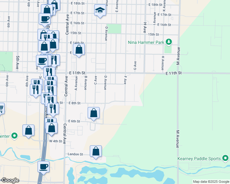 map of restaurants, bars, coffee shops, grocery stores, and more near Avenue East Place in Kearney
