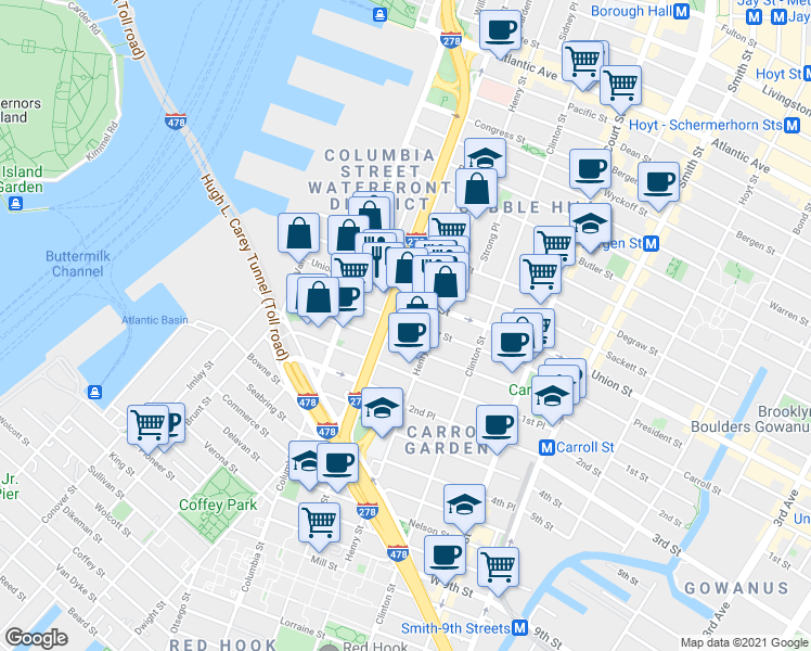 map of restaurants, bars, coffee shops, grocery stores, and more near 152 President Street in Brooklyn