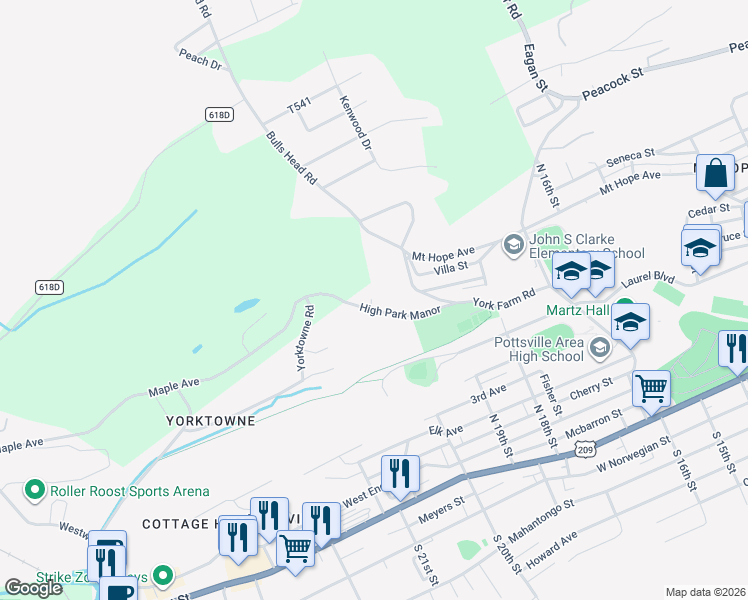 map of restaurants, bars, coffee shops, grocery stores, and more near 1954 High Park Manor in Pottsville