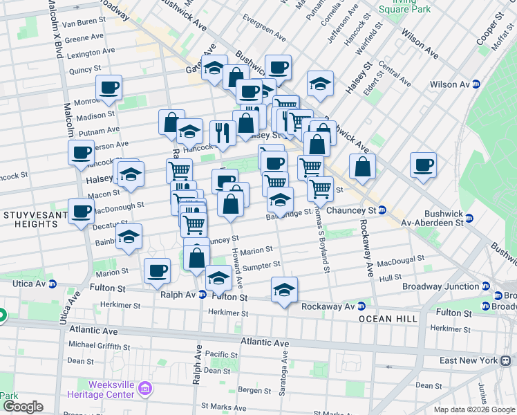 map of restaurants, bars, coffee shops, grocery stores, and more near 606 Decatur Street in Brooklyn