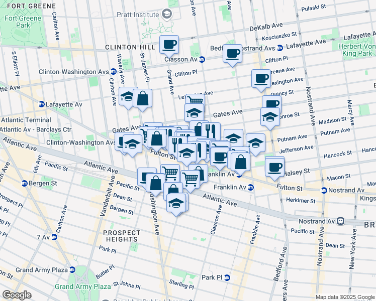 map of restaurants, bars, coffee shops, grocery stores, and more near 29 Putnam Avenue in Brooklyn