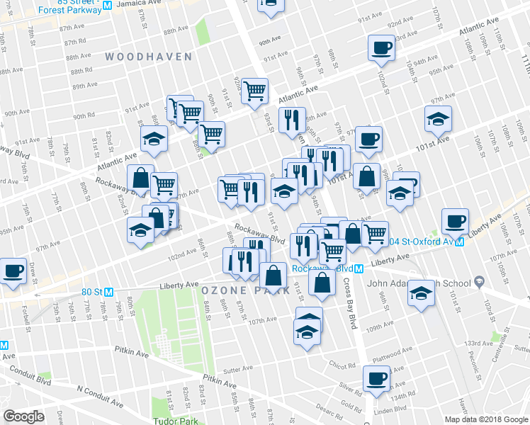map of restaurants, bars, coffee shops, grocery stores, and more near 90-14 101st Avenue in Queens