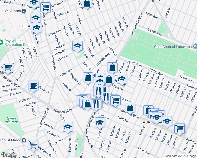 map of restaurants, bars, coffee shops, grocery stores, and more near 124-25 Lucas Street in Queens