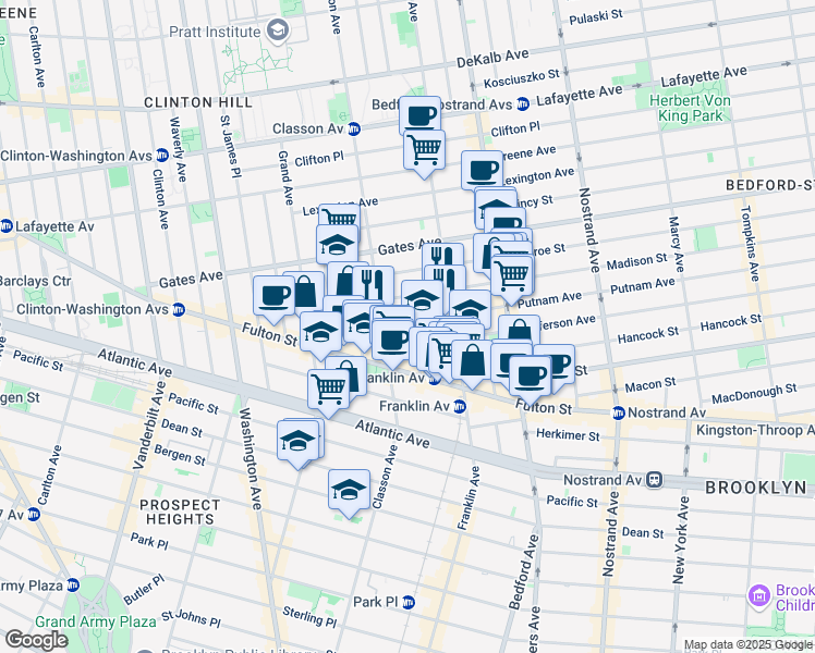 map of restaurants, bars, coffee shops, grocery stores, and more near 3 Claver Place in Brooklyn