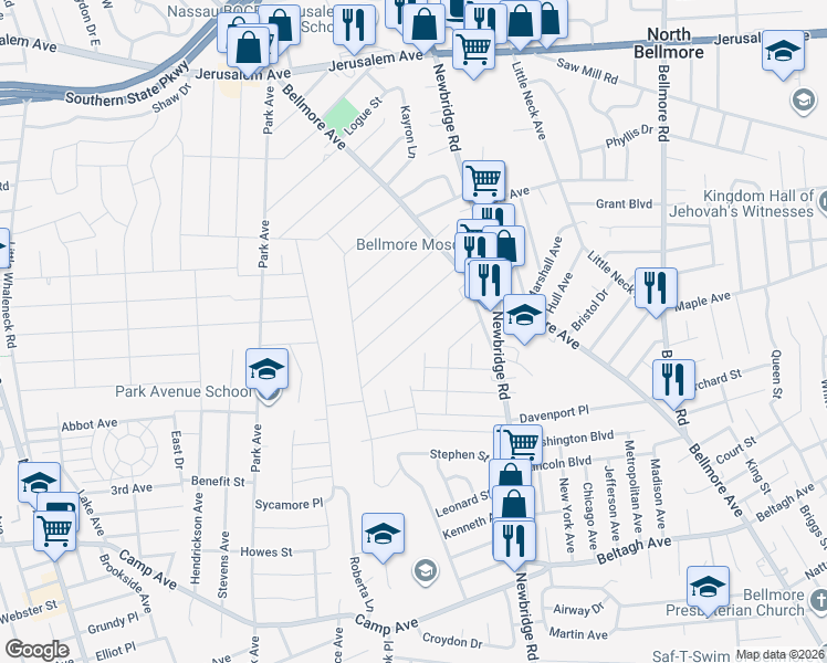 map of restaurants, bars, coffee shops, grocery stores, and more near 2303 Lafayette Street in North Bellmore