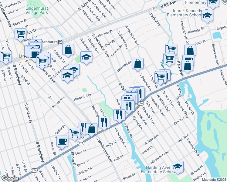 map of restaurants, bars, coffee shops, grocery stores, and more near 173 Dallas Street in Lindenhurst
