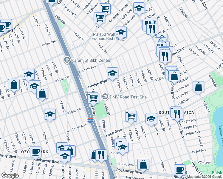 map of restaurants, bars, coffee shops, grocery stores, and more near 114-36 142nd Street in Queens
