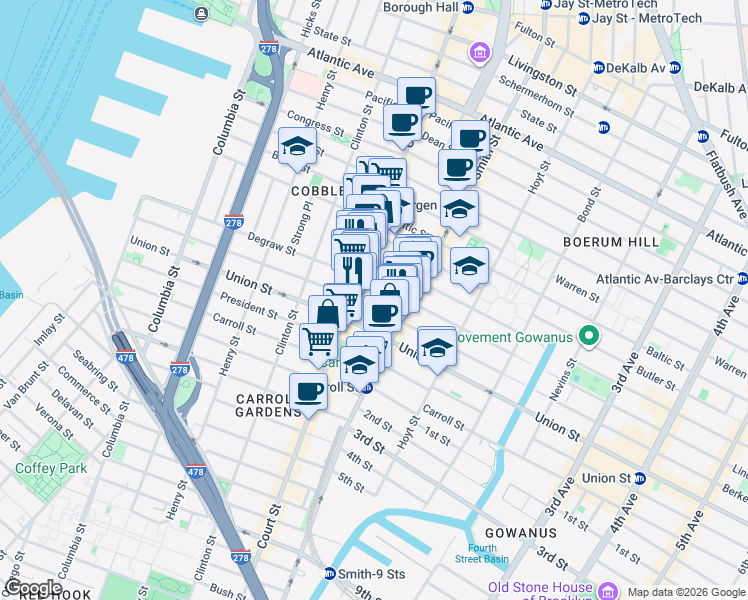map of restaurants, bars, coffee shops, grocery stores, and more near 313 Sackett Street in Brooklyn