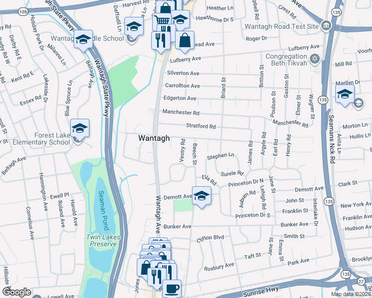 map of restaurants, bars, coffee shops, grocery stores, and more near 1589 Vestry Road in Wantagh