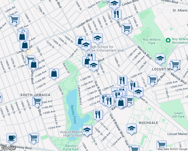 map of restaurants, bars, coffee shops, grocery stores, and more near 118-27 Guy R Brewer Boulevard in Queens