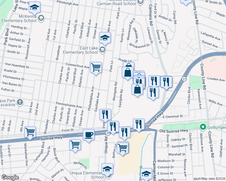 map of restaurants, bars, coffee shops, grocery stores, and more near 58 Westgate Road in Massapequa Park