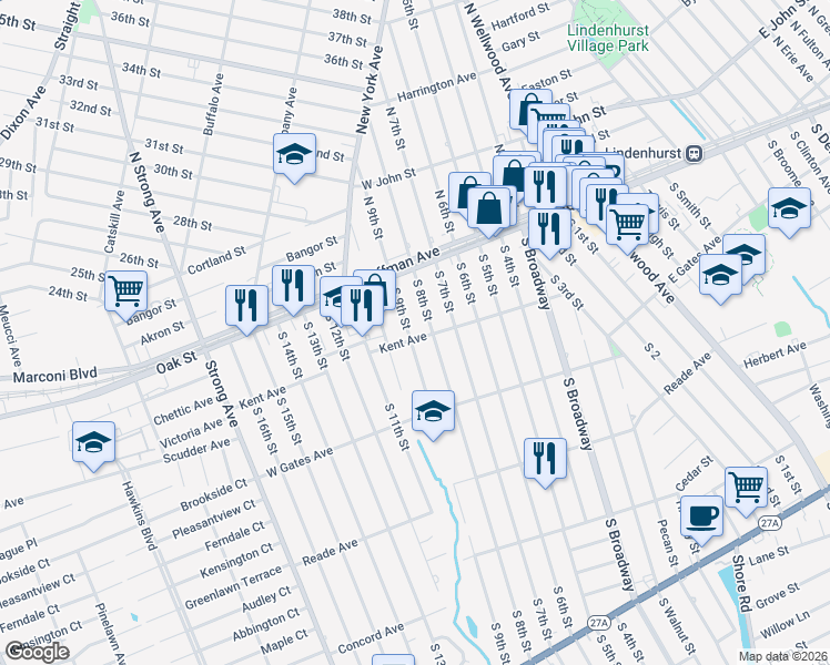 map of restaurants, bars, coffee shops, grocery stores, and more near 176 Kent Avenue in Lindenhurst