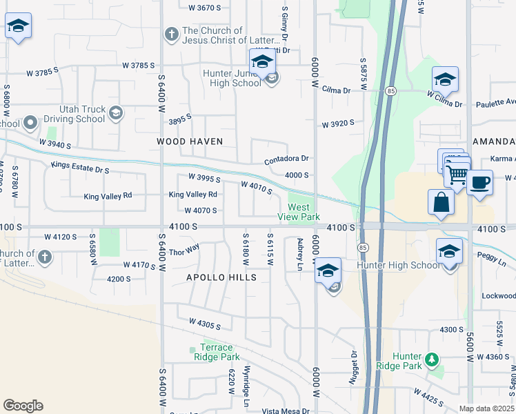 map of restaurants, bars, coffee shops, grocery stores, and more near 4053 Powder Ridge Drive in West Valley City