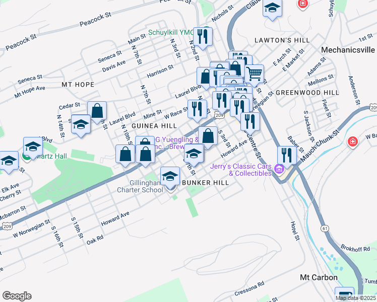 map of restaurants, bars, coffee shops, grocery stores, and more near 609 West Norwegian Street in Pottsville